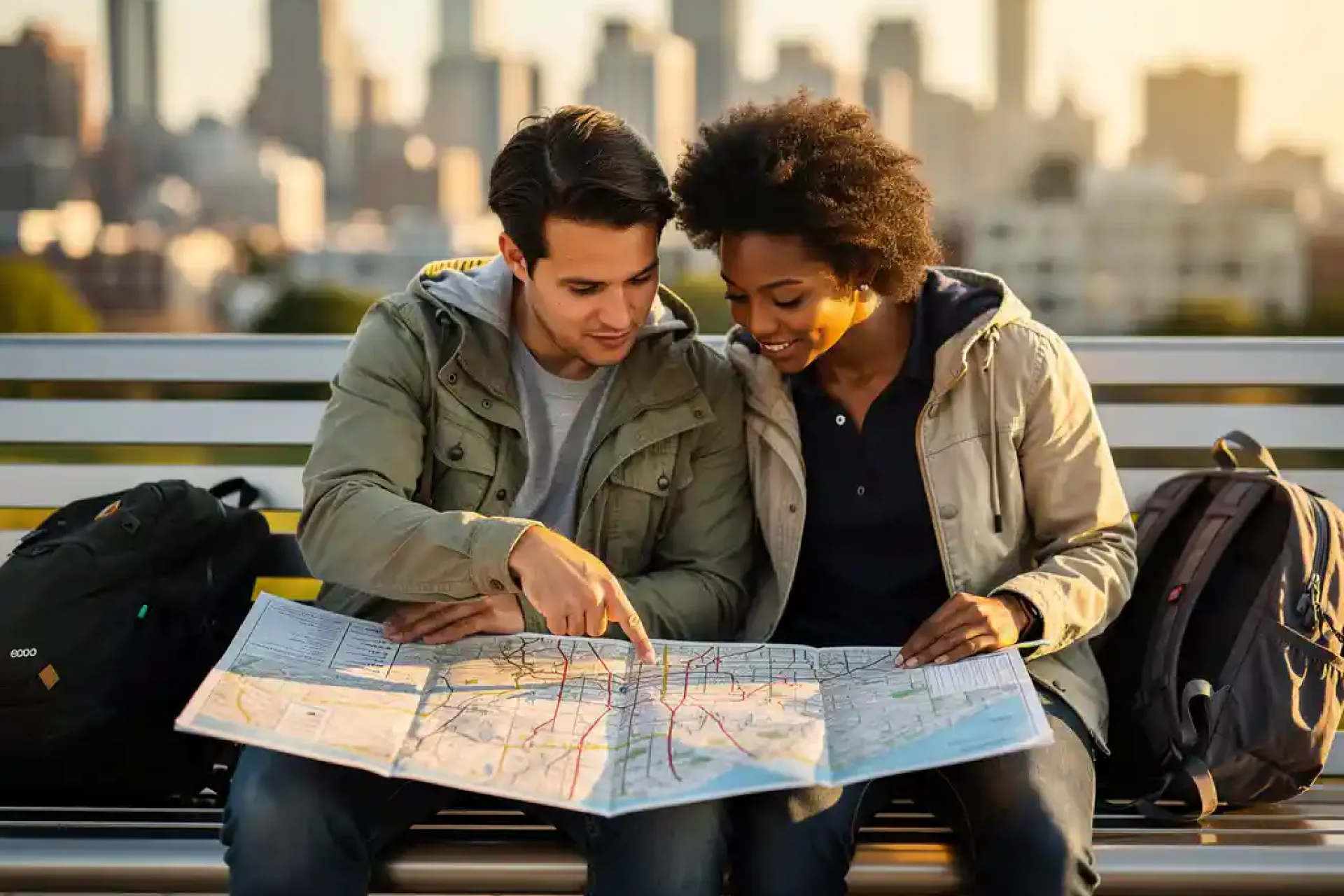 Twee mensen bestuderen samen een wegenkaart op een stadsbank met skyline op de achtergrond tijdens gouden uur