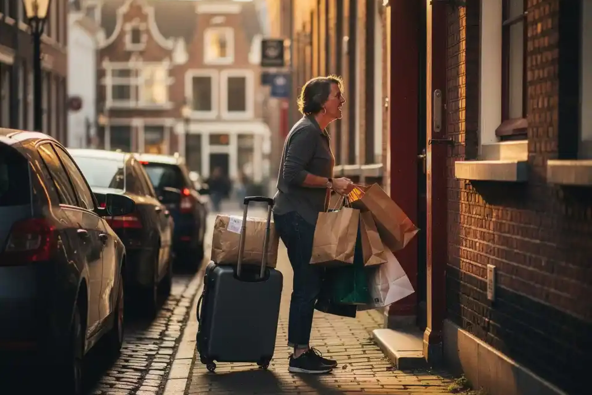 Gefrustreerde persoon met meerdere boodschappentassen en koffer vast in smalle Amsterdamse steeg tussen geparkeerde auto's