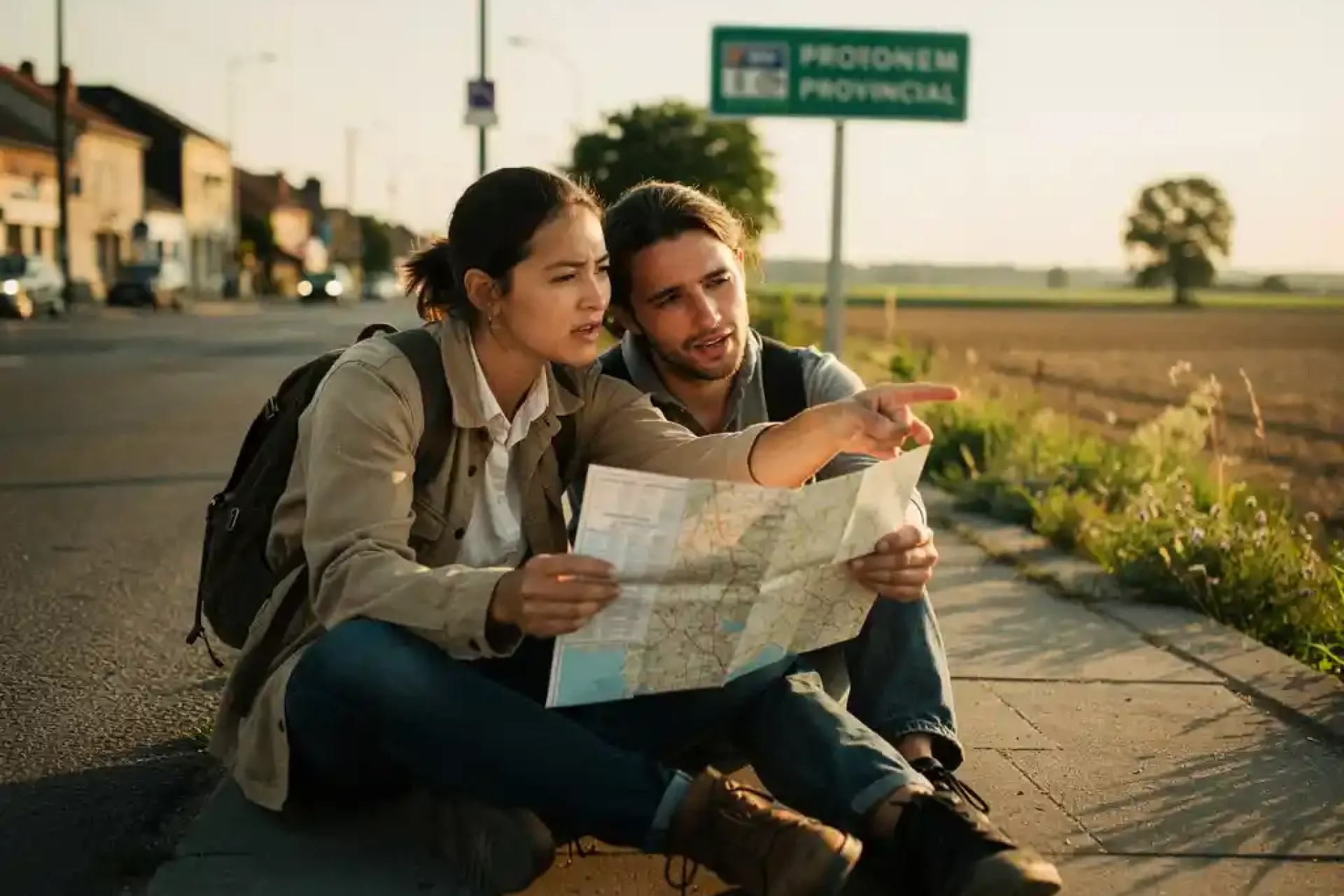 Twee personen bestuderen samen een kaart op een smalle stoep bij de stadsrand, wijzend naar een provinciale wegwijzer