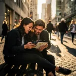 Twee mensen bekijken samen een smartphone kaart op stadsbank tijdens gouden uur, omringd door hoge gebouwen