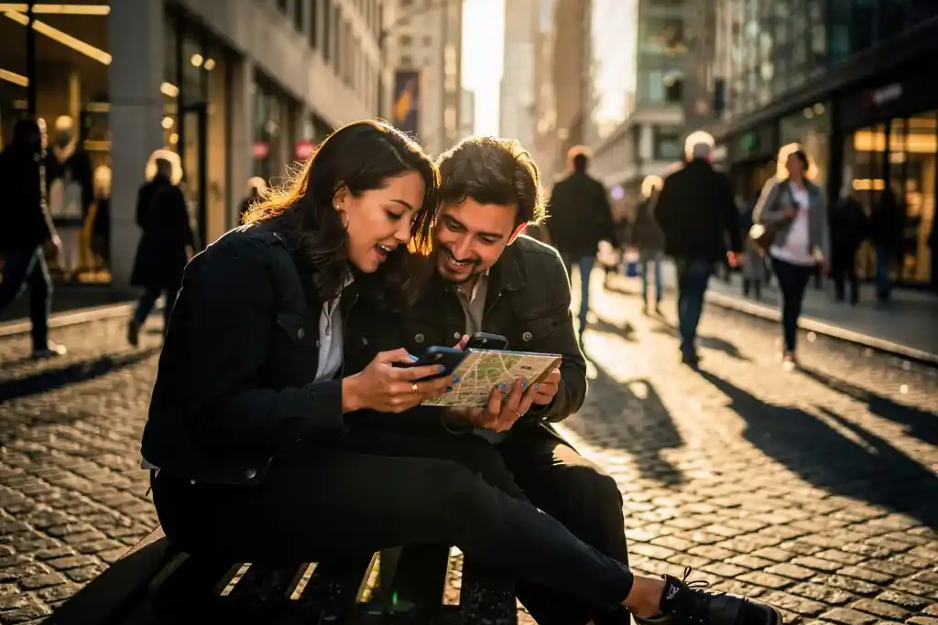 Twee mensen bekijken samen een smartphone kaart op stadsbank tijdens gouden uur, omringd door hoge gebouwen