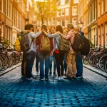 Groep stedelijke forenzen staat in een cirkel op smalle Amsterdamse kasseienstraat, omringd door geparkeerde fietsen en historische gevels tijdens gouden uur.