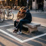 Twee personen zitten samen op een smalle stenen bank tussen witte parkeervakstrepen op stedelijk asfalt tijdens het gouden uur