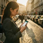 Jonge vrouw controleert uitgaven op smartphone bij drukke Europese kruising met kasseien tijdens gouden uur