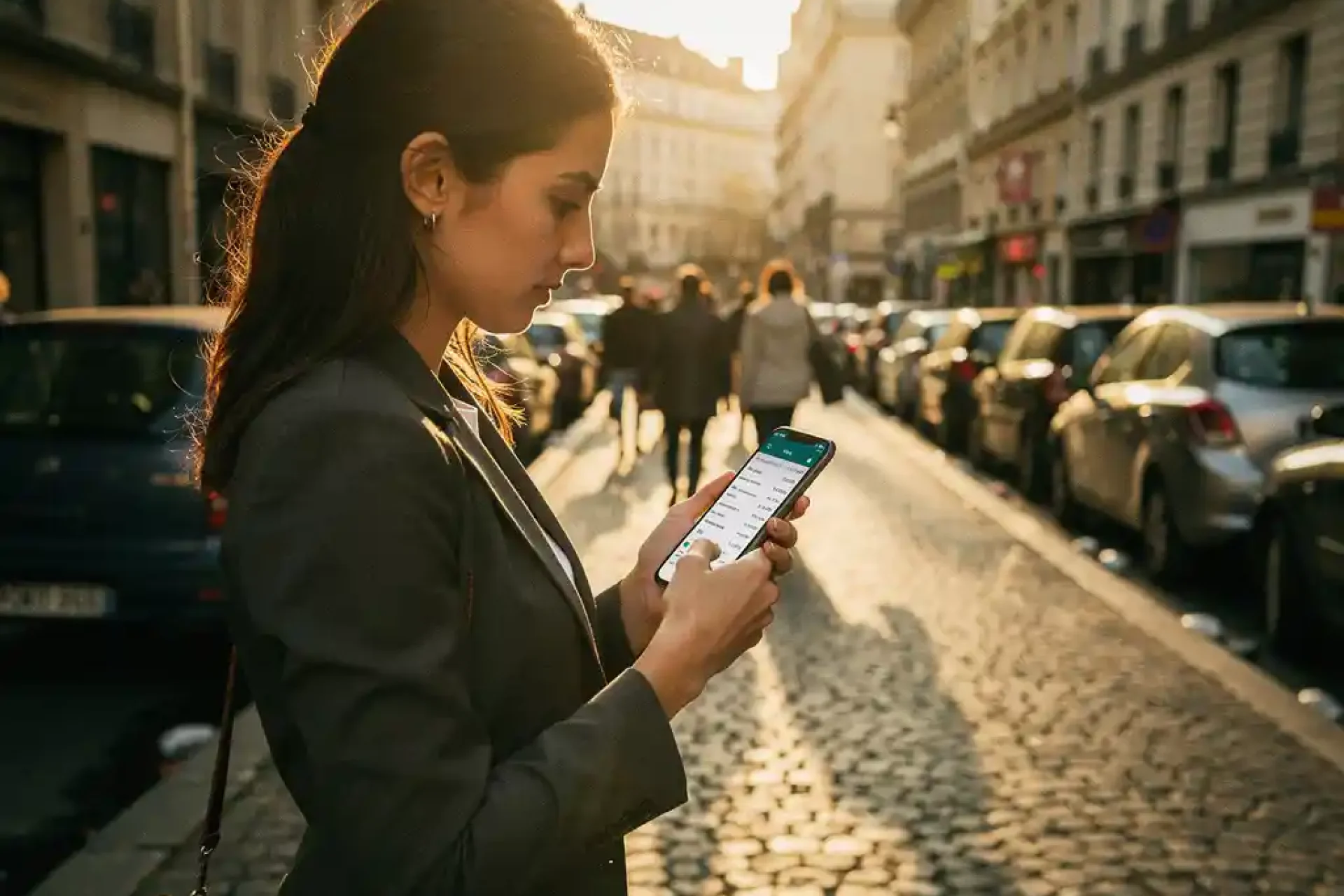 Jonge vrouw controleert uitgaven op smartphone bij drukke Europese kruising met kasseien tijdens gouden uur
