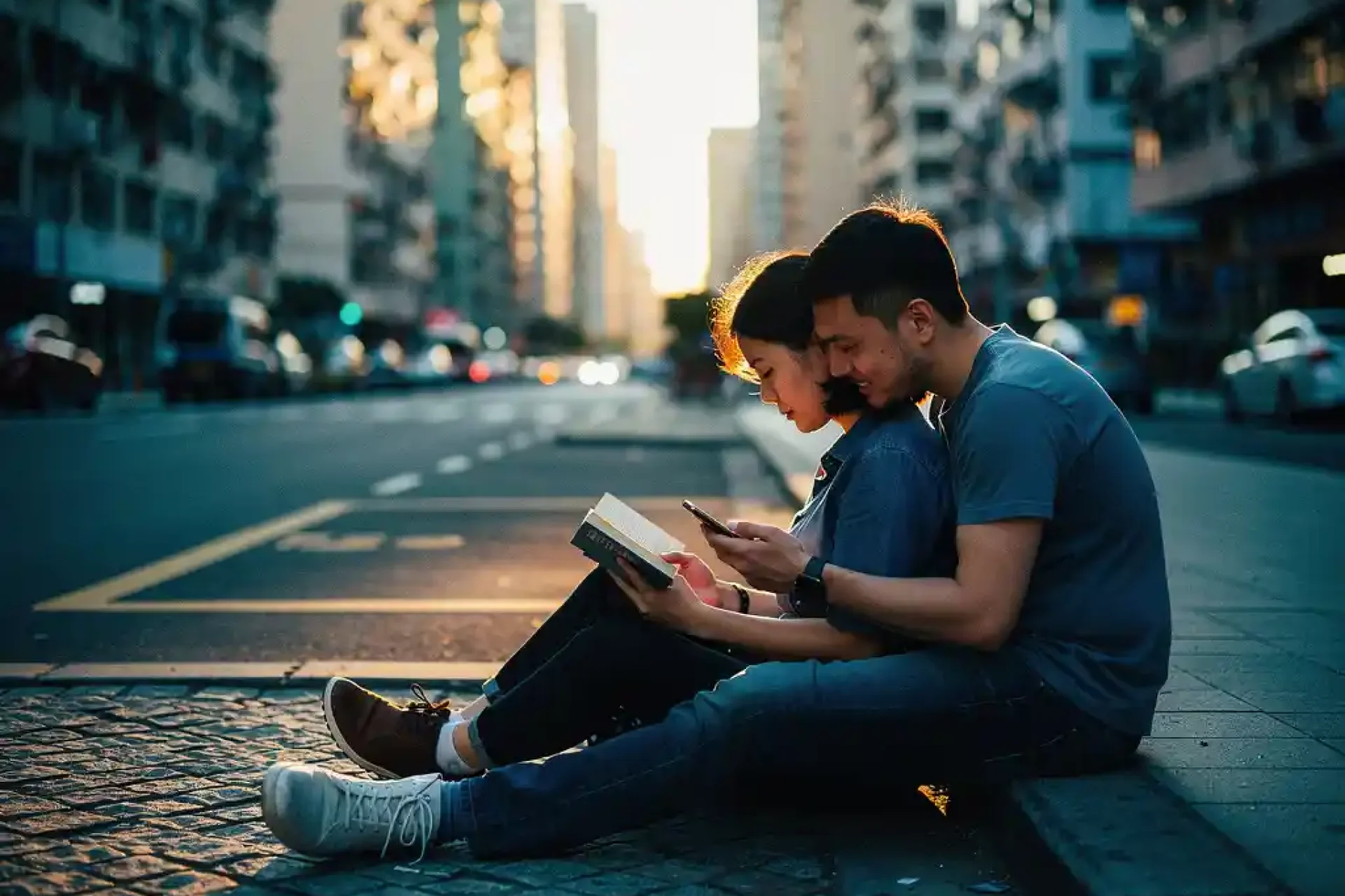 Twee mensen zitten dicht bij elkaar op smal stadstoiroir, één leest terwijl ander telefoon bekijkt, gouden zonlicht tussen hoge gebouwen
