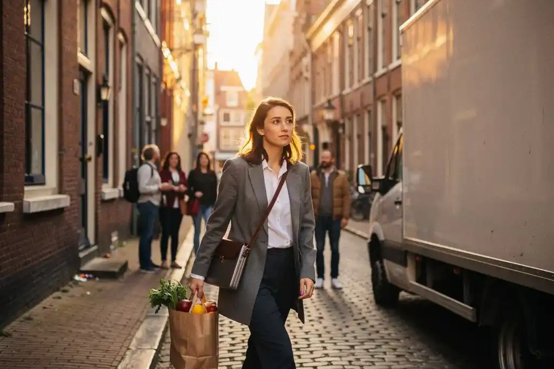Jonge professionele vrouw met laptoptas en boodschappen navigeert door smalle Amsterdamse steeg tijdens gouden uur