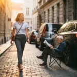 Jonge professionele vrouw loopt door smalle Europese kasseiensteeg terwijl oudere man krant leest op klapstoel tussen geparkeerde SUV's