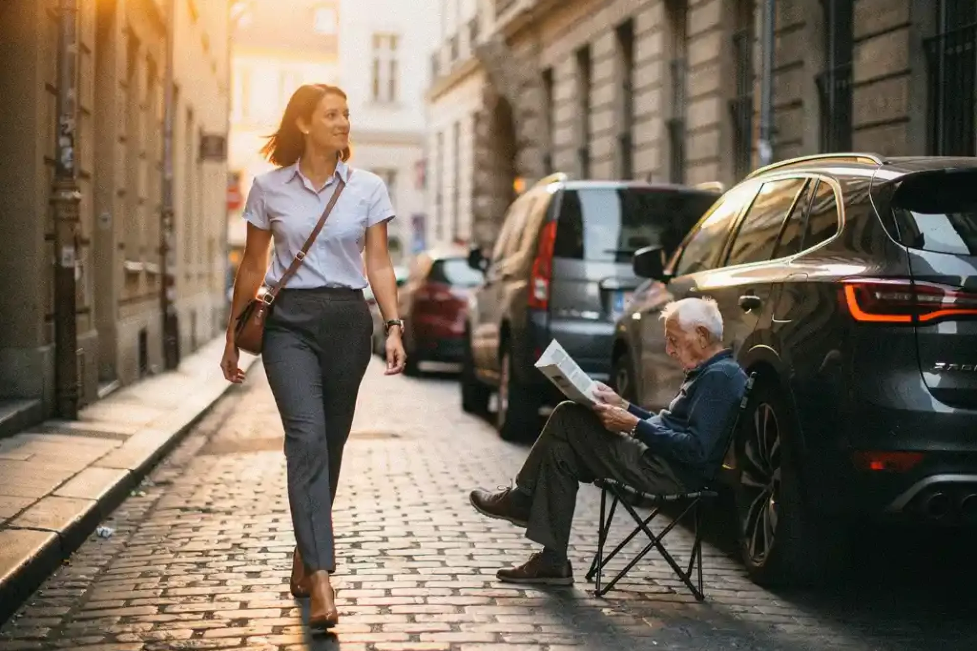 Jonge professionele vrouw loopt door smalle Europese kasseiensteeg terwijl oudere man krant leest op klapstoel tussen geparkeerde SUV's