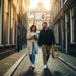 Jong stel loopt door smalle Amsterdamse straat met kinderkopjes, vrouw kijkt op smartphone terwijl man boodschappentas draagt