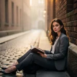 Jonge professionele vrouw leest boek in smalle stedelijke steeg tussen historische bakstenen gebouwen, gouden uurtje licht.