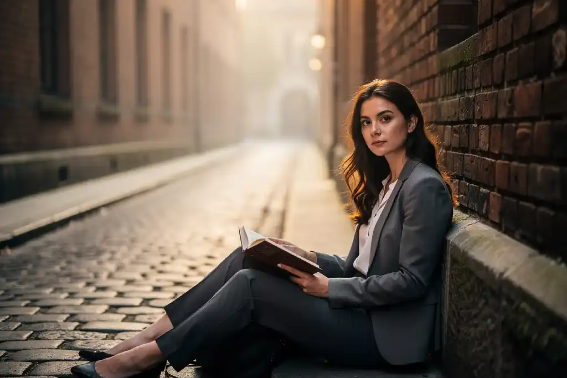 Jonge professionele vrouw leest boek in smalle stedelijke steeg tussen historische bakstenen gebouwen, gouden uurtje licht.