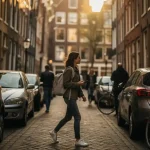 Jonge vrouw loopt door smalle Amsterdamse straat met kinderkopjes tussen geparkeerde auto's tijdens gouden uur