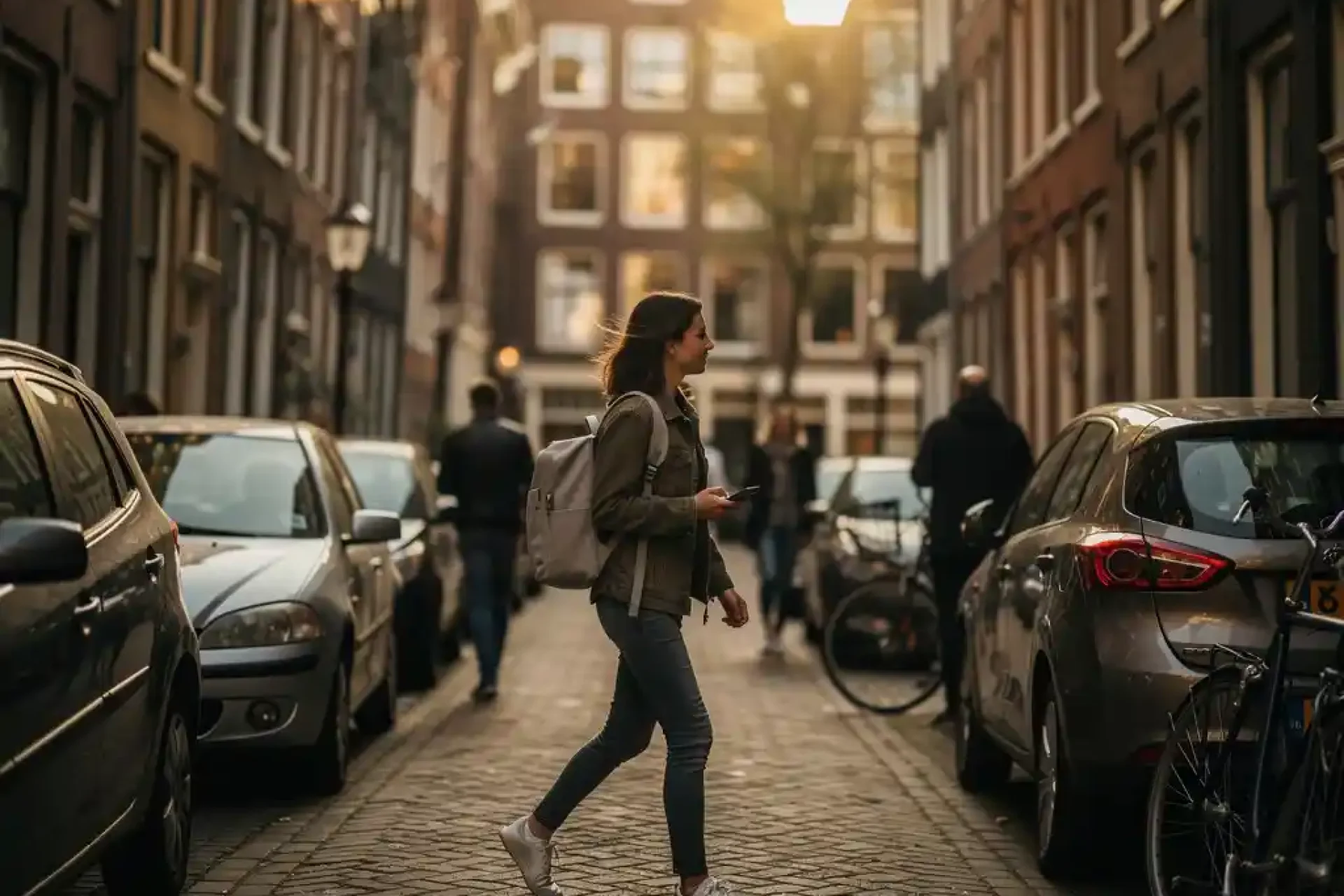 Jonge vrouw loopt door smalle Amsterdamse straat met kinderkopjes tussen geparkeerde auto's tijdens gouden uur