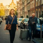 Jonge professionele vrouw loopt zelfverzekerd door smalle Amsterdamse straat met kinderkopjes terwijl oudere man moeizaam zware gereedschapskist sleept