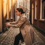 Jonge vrouw navigeert door smalle Amsterdamse steeg tussen historische bakstenen gebouwen in warm middaglicht