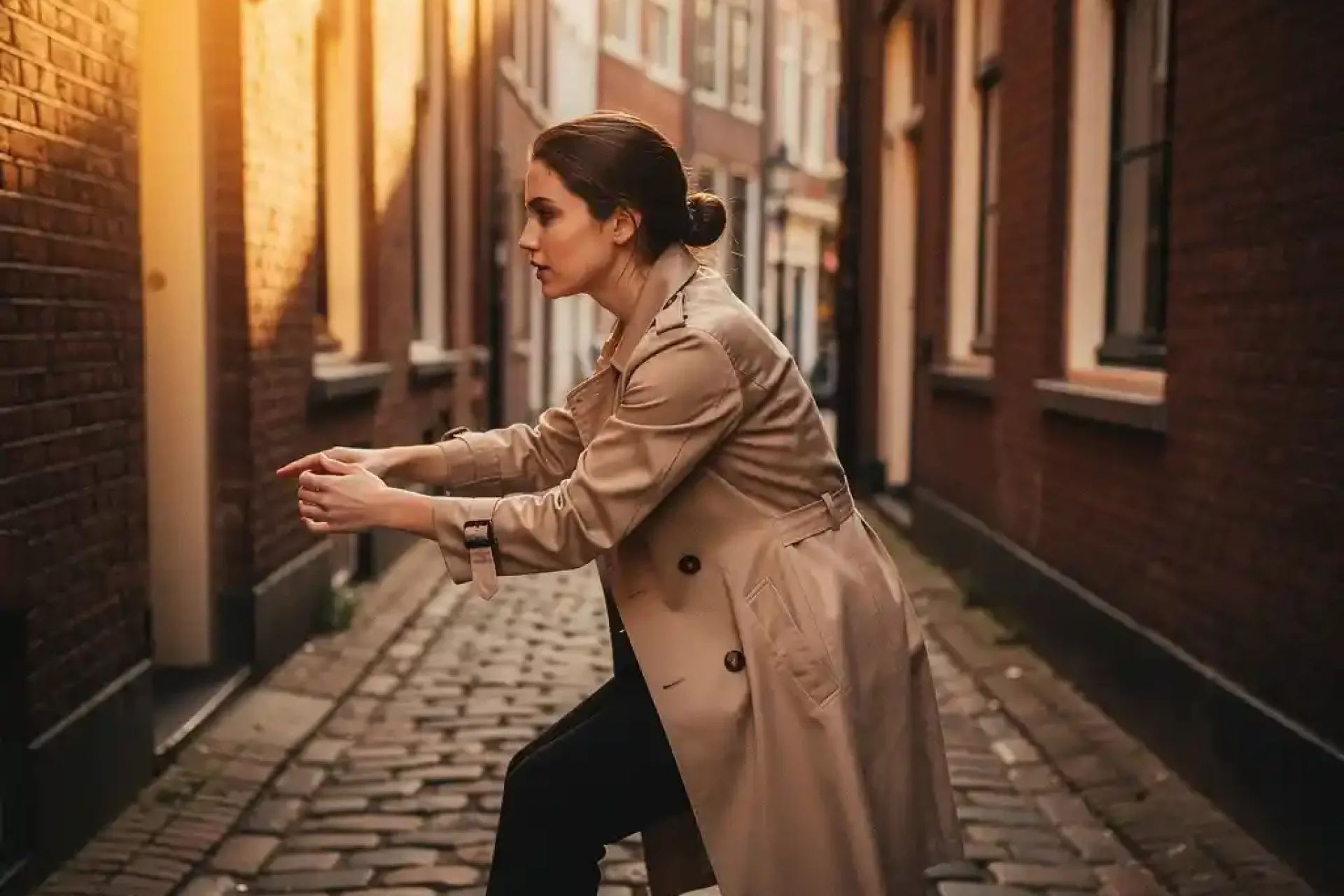 Jonge vrouw navigeert door smalle Amsterdamse steeg tussen historische bakstenen gebouwen in warm middaglicht
