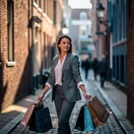 Jonge professionele vrouw loopt met boodschappentassen door smalle Amsterdamse steeg tussen historische bakstenen gebouwen.