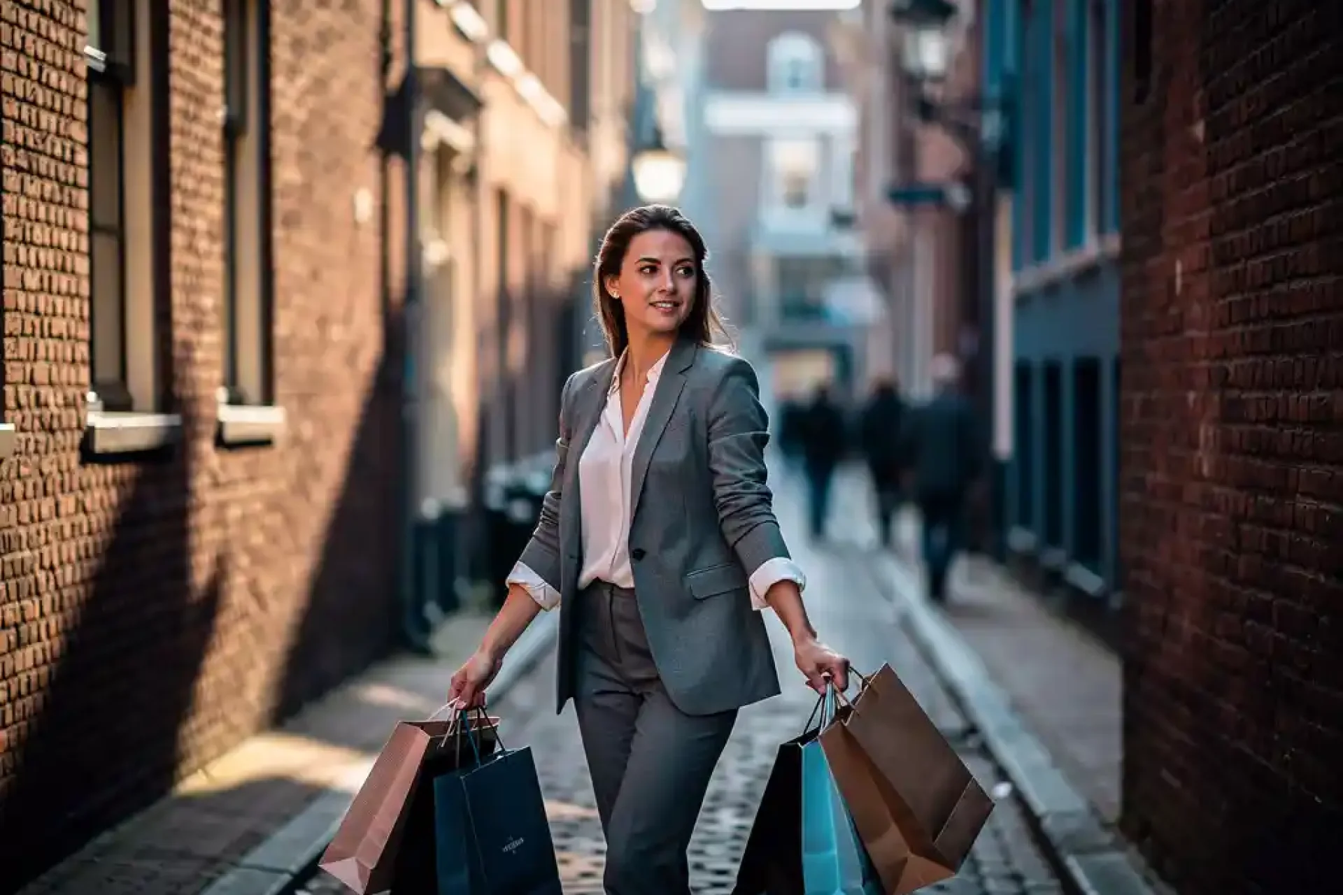 Jonge professionele vrouw loopt met boodschappentassen door smalle Amsterdamse steeg tussen historische bakstenen gebouwen.