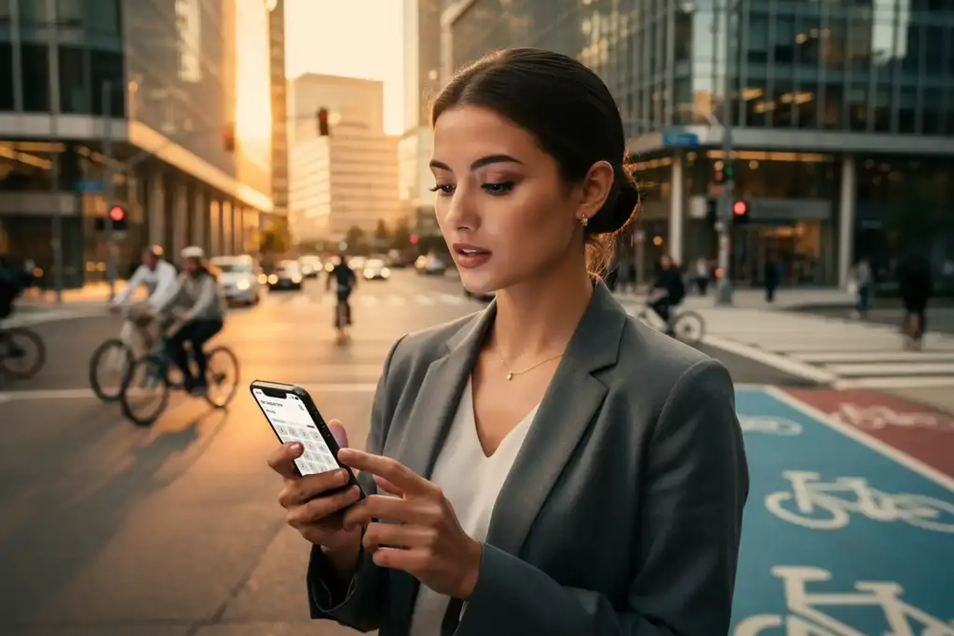 Jonge professionele vrouw met smartphone calculator app op drukke stadsstraat tijdens gouden uur, moderne glazen gebouwen op achtergrond
