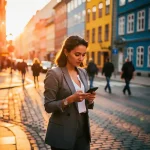 Jonge vrouw controleert smartphone op drukke Europese straat met gekleurde huizen tijdens gouden uur