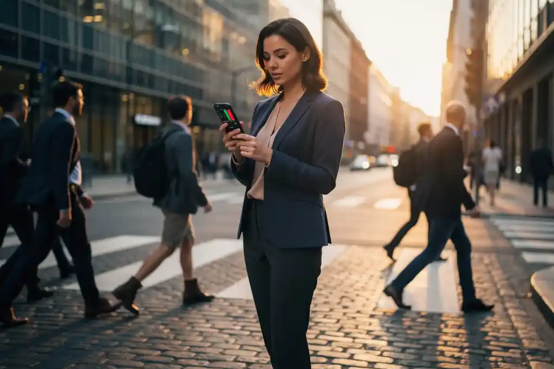 Jonge professionele vrouw bekijkt financiële berekeningen op smartphone bij druk stadsplein met voetgangers en kantoorgebouwen