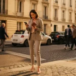 Jonge professionele vrouw controleert smartphone op druk Europees kruispunt met kinderkopjes en traditionele gebouwen