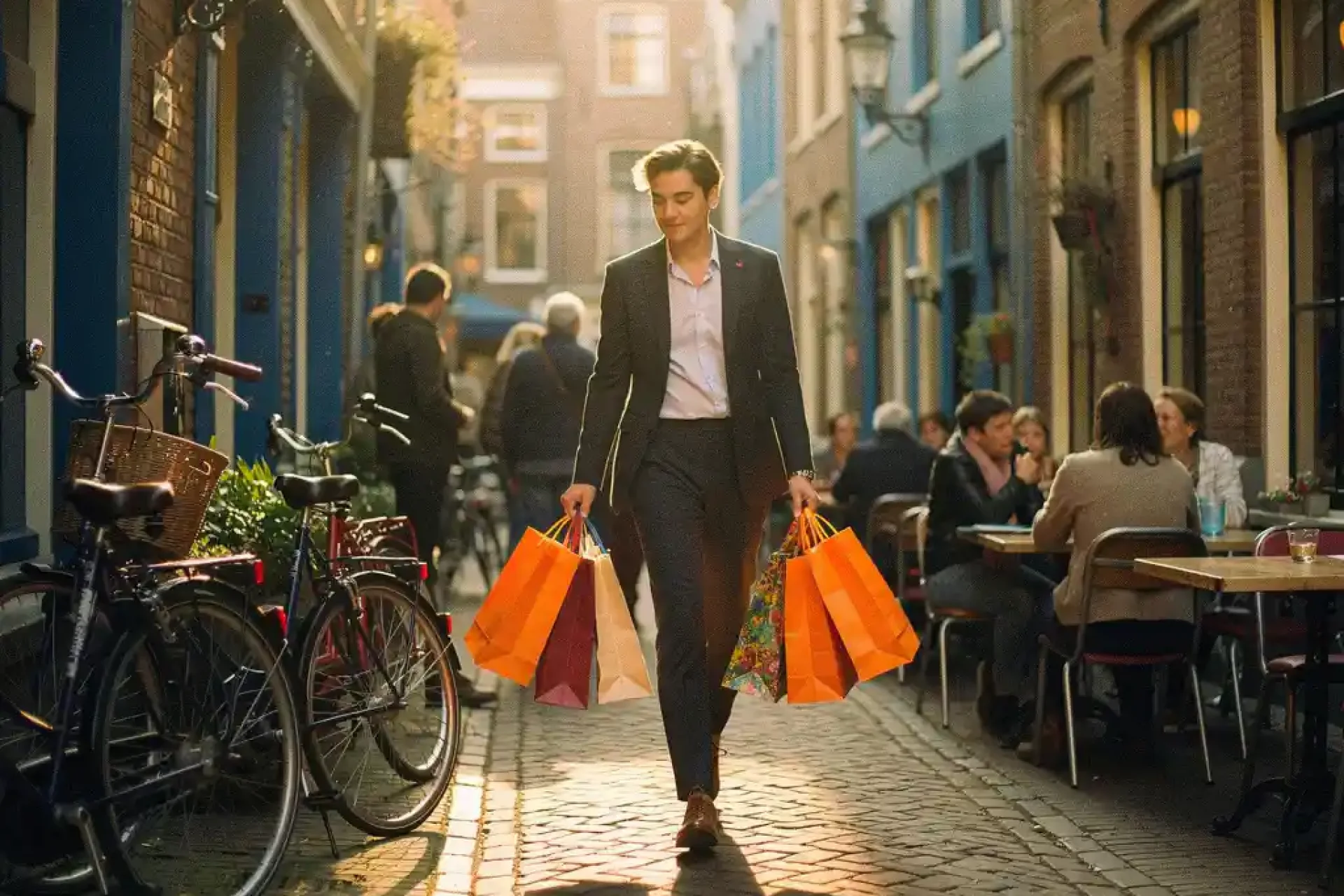 Jonge professional met kleurrijke boodschappentassen navigeert door smalle kasseienstraat tussen traditionele Nederlandse gebouwen met geparkeerde fietsen