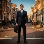 Jonge professional in pak met aktetas op drukke Amsterdamse straat met grachtenhuizen tijdens gouden uur