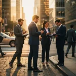 Zakenmensen in pakken raadplegen smartphones en documenten op druk stadsplein tijdens gouden uur