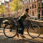 Jonge vrouw navigeert tussen geparkeerde fietsen op een smalle Amsterdamse kade met kasseien en historische gevels op de achtergrond.