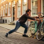 Persoon wijst naar smalle ruimte tussen geparkeerde fietsen op Amsterdams kasseienstraatje met grachtenpanden op achtergrond.