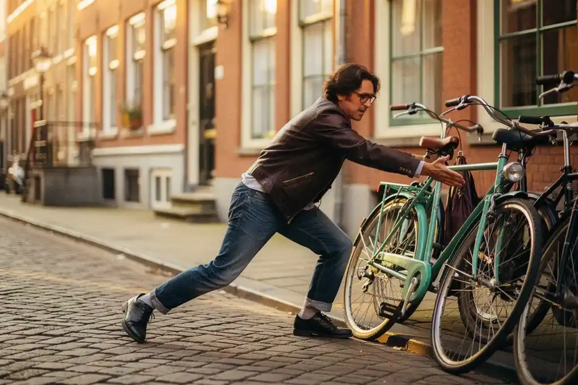 Persoon wijst naar smalle ruimte tussen geparkeerde fietsen op Amsterdams kasseienstraatje met grachtenpanden op achtergrond.