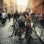 Persoon met schoudertas navigeert soepel door smalle ruimte tussen fietsen op Amsterdamse kinderkopjesstraat in middagzon.