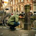 Persoon die gehurkt tussen geparkeerde fietsen en een stenen pilaar tuurt op een Amsterdamse keistraatje met grachtenpanden op de achtergrond.