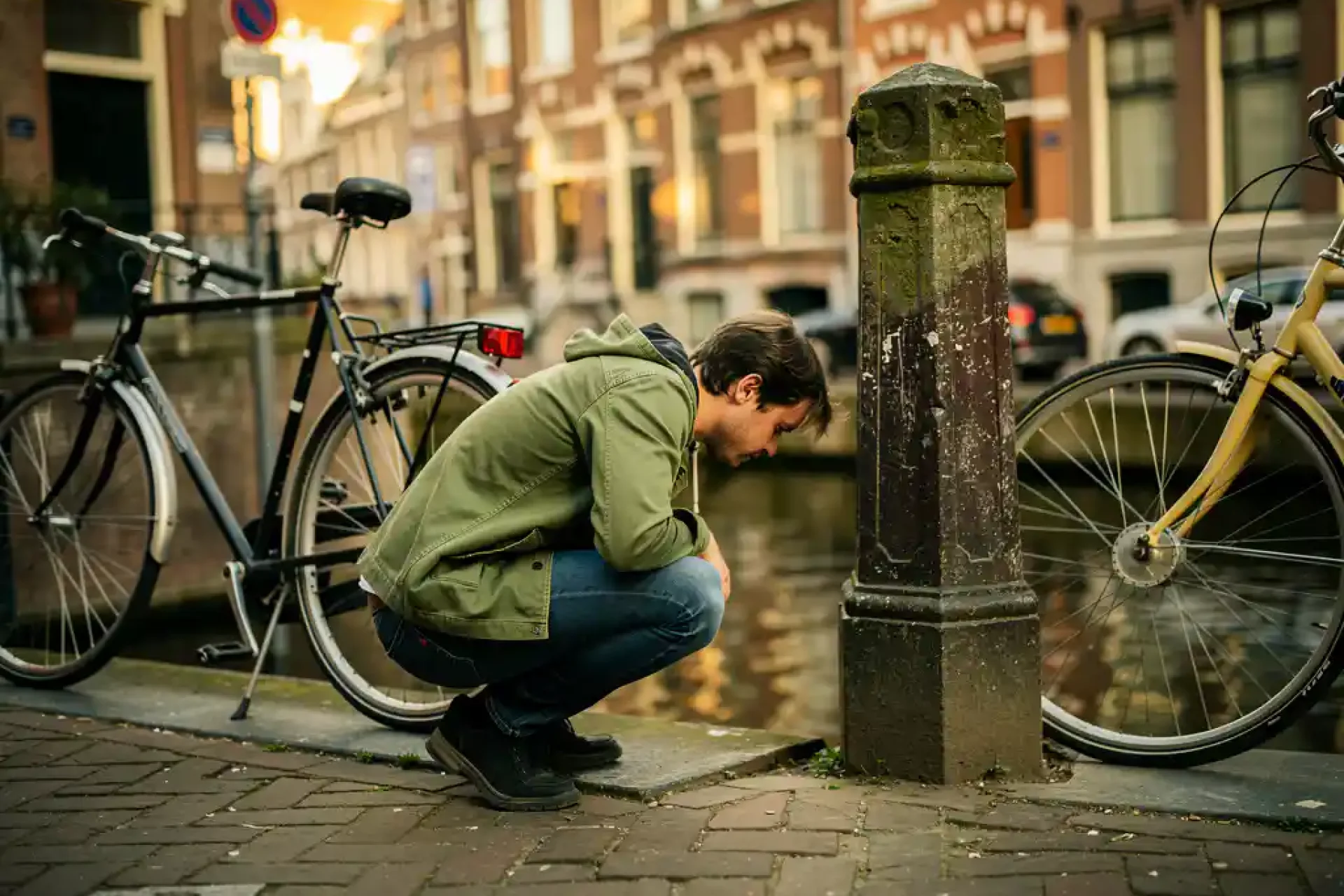 Persoon die gehurkt tussen geparkeerde fietsen en een stenen pilaar tuurt op een Amsterdamse keistraatje met grachtenpanden op de achtergrond.