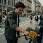 Jonge stadscommuter tankt brandstof en grimast naar het prijsdisplay bij een Europees benzinestation met fietsers op de achtergrond.