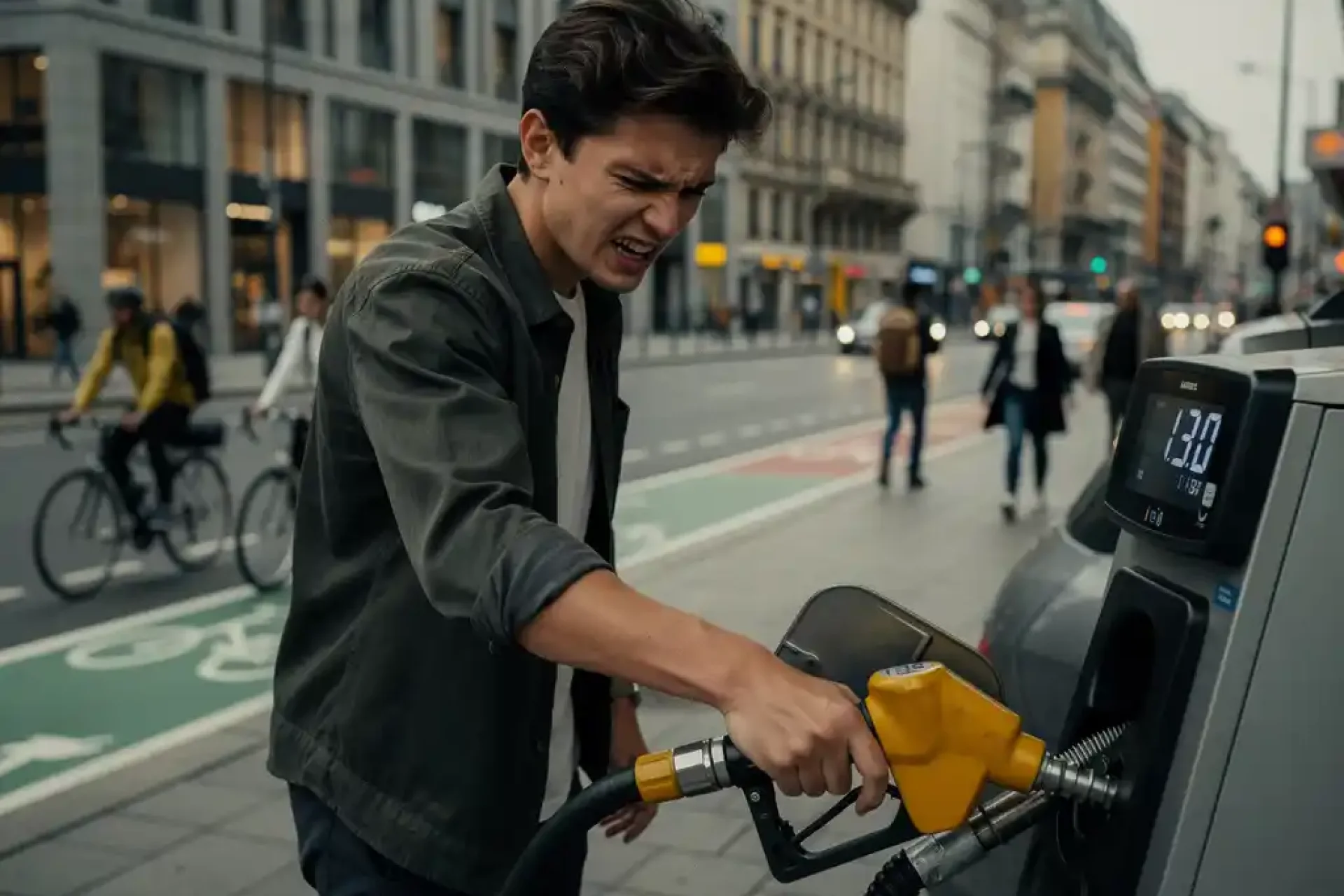 Jonge stadscommuter tankt brandstof en grimast naar het prijsdisplay bij een Europees benzinestation met fietsers op de achtergrond.