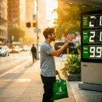 Jonge stadscommuter bekijkt brandstofprijzen op een tankstationbord, met herbruikbare tas op een zonnig stadsvoetpad.