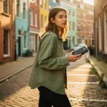 Vrouw draagt compacte verwisselbare batterij door zonnige Amsterdamse straat met kleurrijke grachtenpanden op de achtergrond.