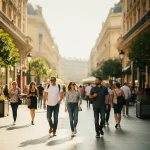 Voetgangers lopen door een zonnige Europese winkelstraat met warme stenen gevels en groene bomen.
