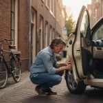 Persoon in de veertig inspecteert wiel van compacte elektrische stadsauto op smalle Hollandse klinkerstraat, fiets tegen muur.