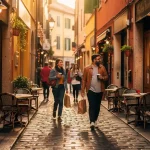 Voetgangers op een smal Europees straatje met kinderkopjes, kleurrijke gevels en caféterrassen in warm gouden avondlicht.