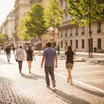 Voetgangers wandelen over een zonnig Europees keienstenen boulevard met groen gebladerte en een ruim parkeerterrein op de achtergrond.