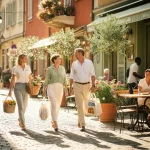 Voorbijgangers op een zonnig Europees stadsplein met kasseien, bloeiende plantenpotten en caféterrassen op een warme middag.