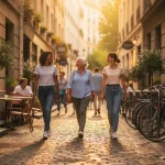 Diverse voetgangers op een smal Europees straatje met kasseien, caféterrassen en fietsenrekken in warm middaglicht.
