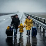 Familie met zware koffers op een regennat snelwegviaduct, wind trekt aan jassen, bewolkte grijze horizon op de achtergrond.