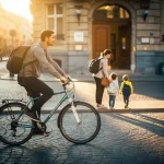 Jonge professional fietst langs schoolingang terwijl ouder kinderen begeleidt over drukke kinderkopjesstraat in ochtendlicht.