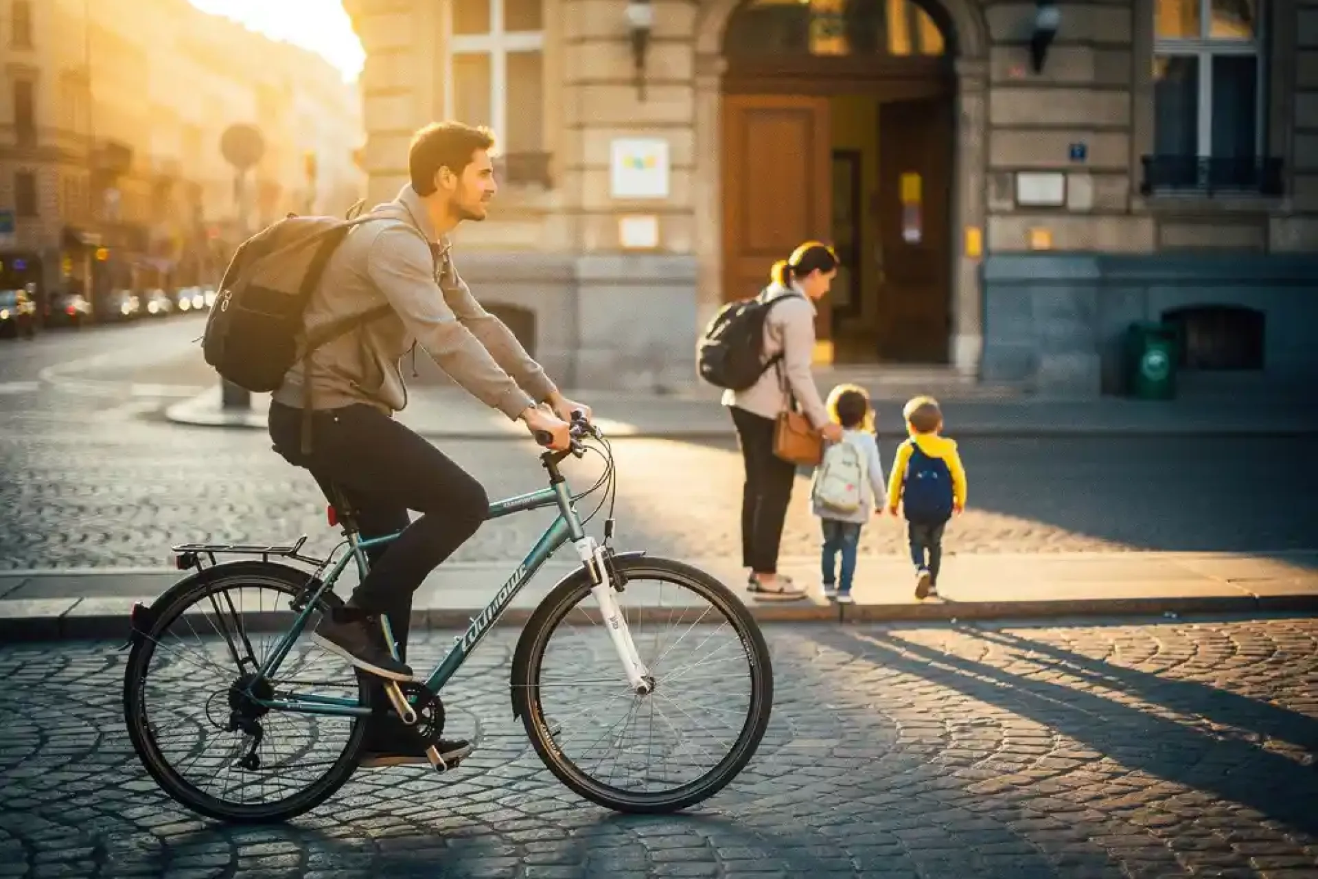 Jonge professional fietst langs schoolingang terwijl ouder kinderen begeleidt over drukke kinderkopjesstraat in ochtendlicht.