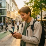 Jonge forens bekijkt subsidiedocument op smartphone op drukke Europese stadsstraat in gouden avondlicht.
